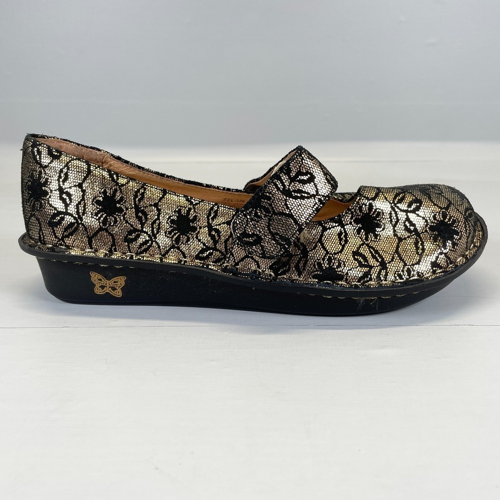 Alegria Feliz Mary Jane Shoes Womens Size 37 US 7 Gold Pewter Leather Wedge Shoe